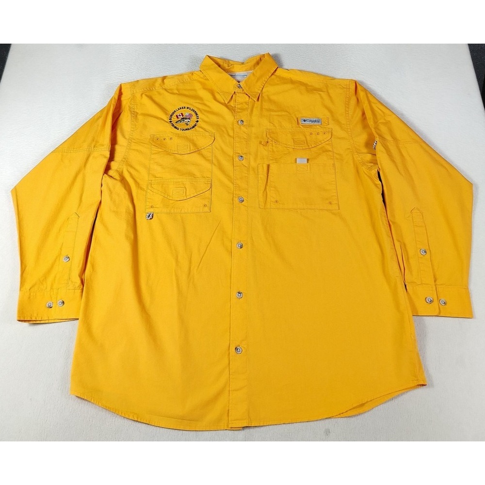 Columbia PFG Shirt Mens Large‎ Yellow Border Lakes Long Sleeve Fishing Gorpcore